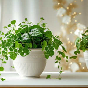 White ceramic pot filled with green ivy sitting on a table