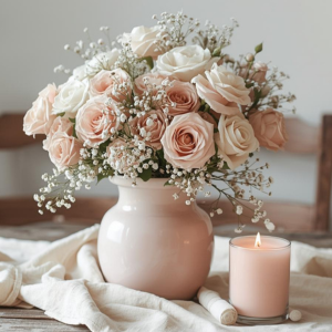 Pink ceramic vase filled with pink and white roses sitting on a table next to a pink candle
