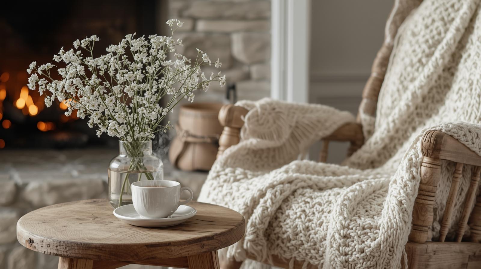 A cup of team a rocking chair and a knit throw