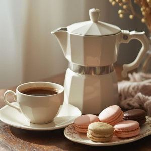 An espresso maker with a cup of coffee and macaroons on a table.
