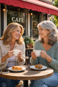 two women having lunch at a cafe eating outside