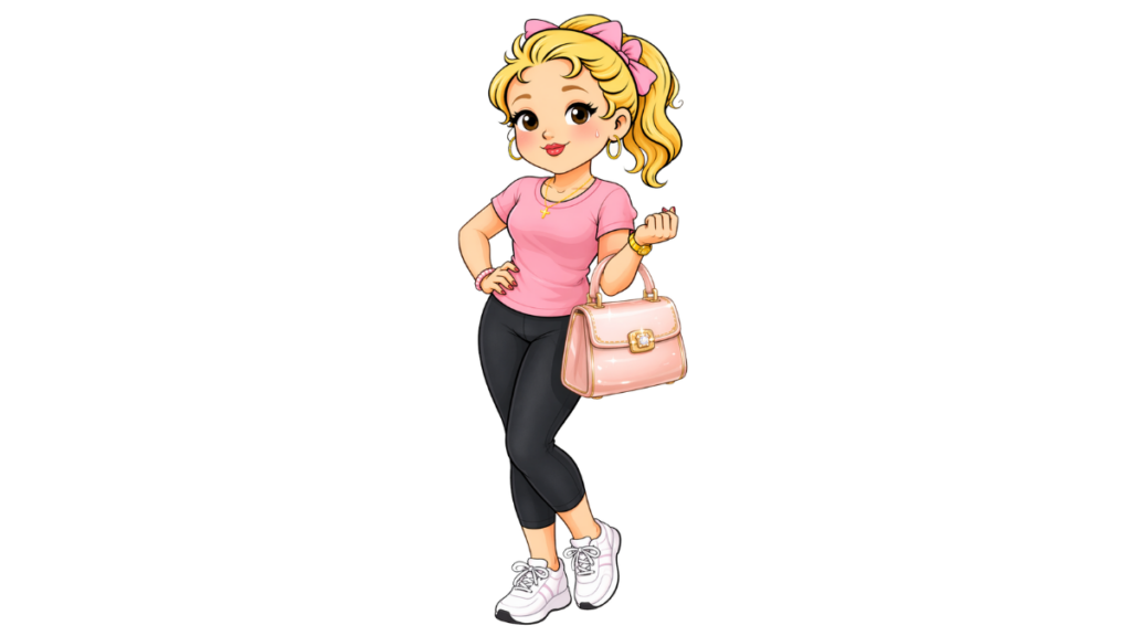 CATEGORY DAILY ROUTINES: Female cartoon character wearing a pink t-shirt, black gym pants white tennis shoes and her pink purse