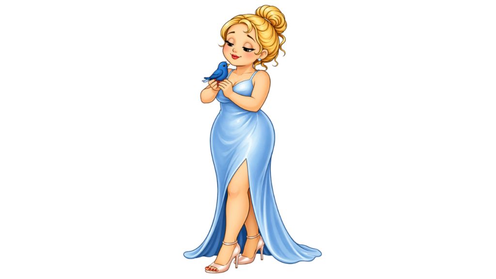 FAQ: FAITH &INSPIRATION Female cartoon character in a silky blue evening dress holding a bluebird.