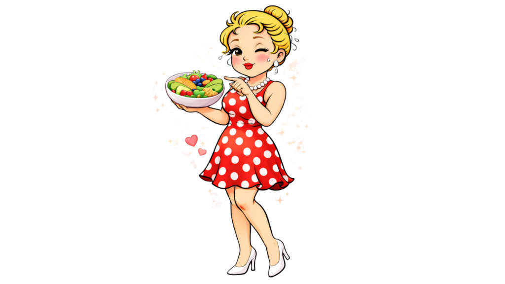 FEMALE CARTOON CHARACTER WEARING A RED AND WHITE POLKA DOT DRESS HOLDING A BIG SALAD