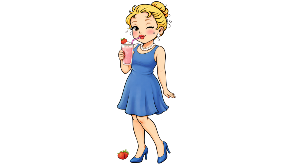 CARTOON CHARACTER IN A BLUE DRESS DRINING A STRAWBERRY SMOOTHIE-AN ANTI-INFLAMMATORY DRINK TO FIGHT HEART DISEASE