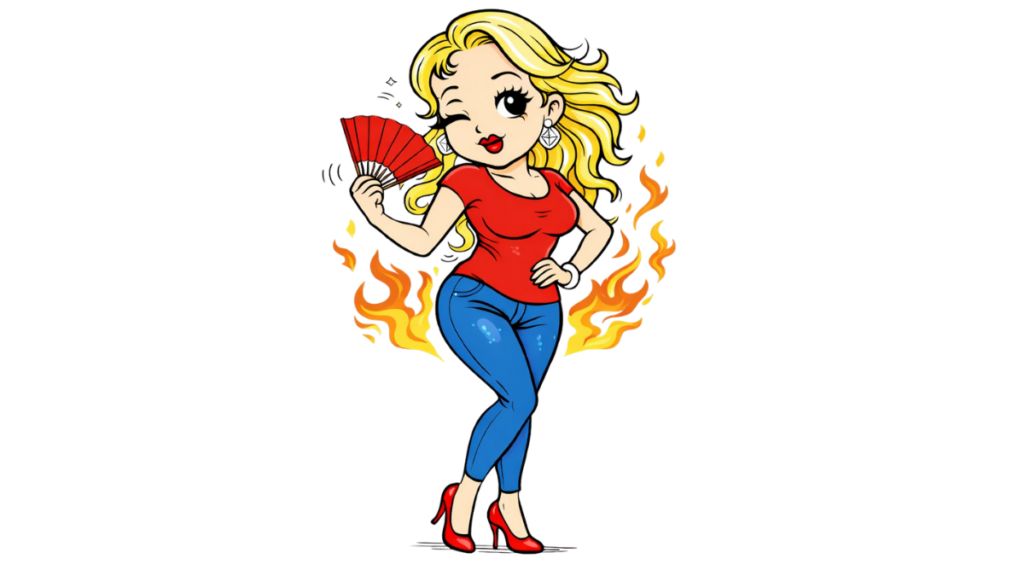 FAQ MENOPAUSE: CARTOON FIGURE IN BLUE JEANS AND RED TSHIRT HOLDING A FAN