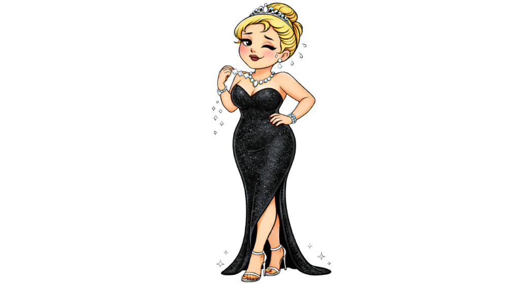 FEMALE CARTOON CHARACER IN A BLACK EVENING DRESS AND DIAMOND TIARA