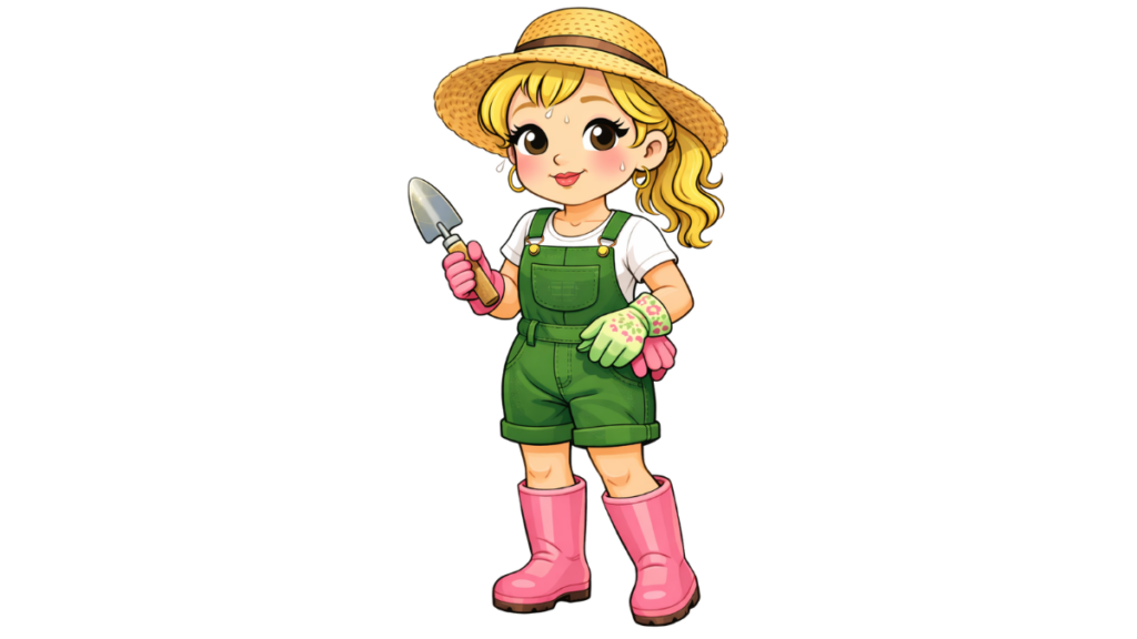 CATEGORY NATURAL LIVING: Female cartoon character wearing gardening overalls, a hat, and garden boots