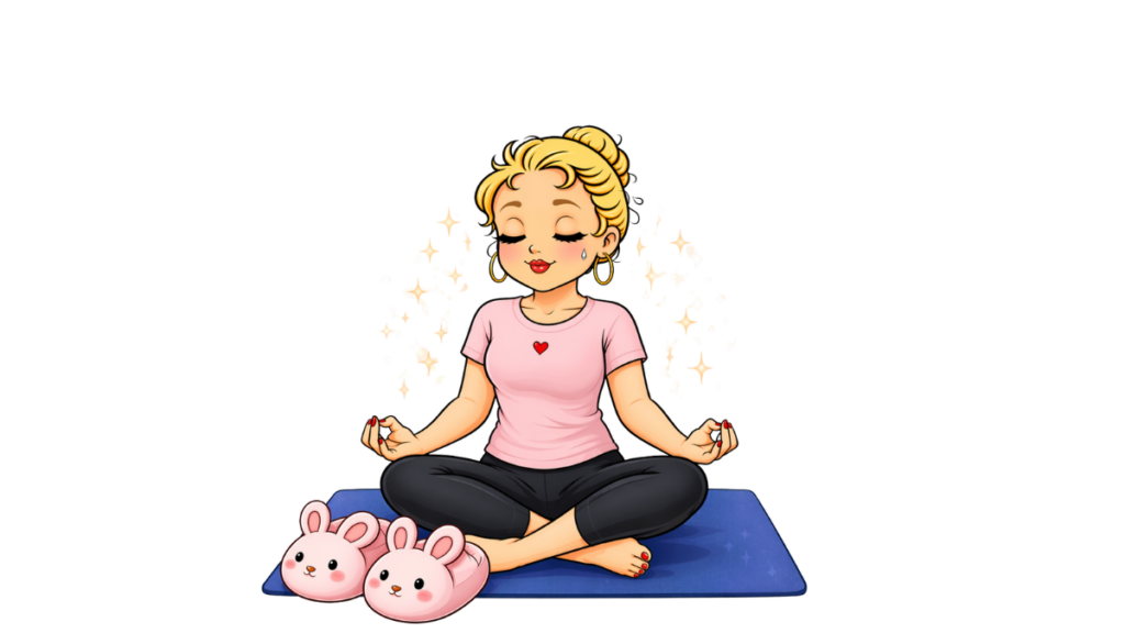 FAQ CATEGORY SELF-CARE Female cartoon character meditating on a navy blue yoga mat