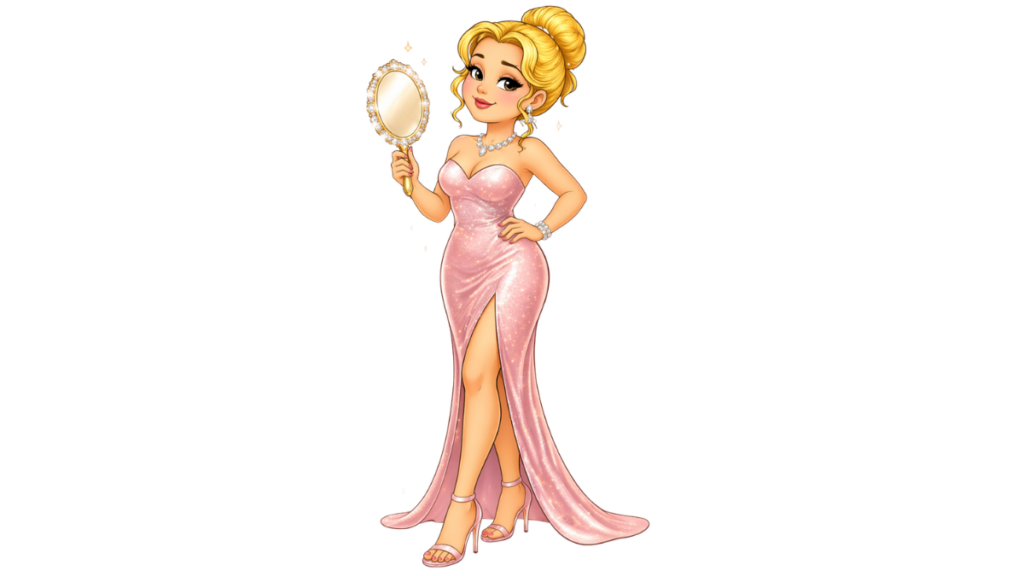 FAQ CATEGORY SKIN, HAIR, AND BODY - female cartoon image in a pink evening gown with a handheld gold mirror