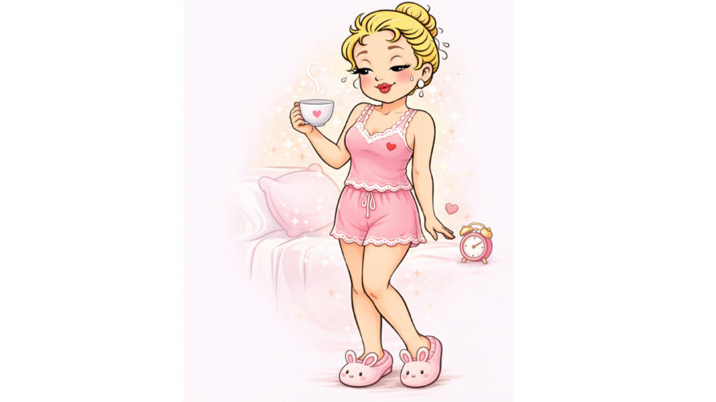 CARTOON CHARACTER WEARING A 2 PIECE PINK PAJAMA SET HOLDING A CUP OF TEA AND 