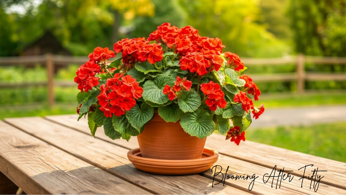 IMAGE: Large pot of red geraniums on a picnic table for blog post Joint Pain After Fifty