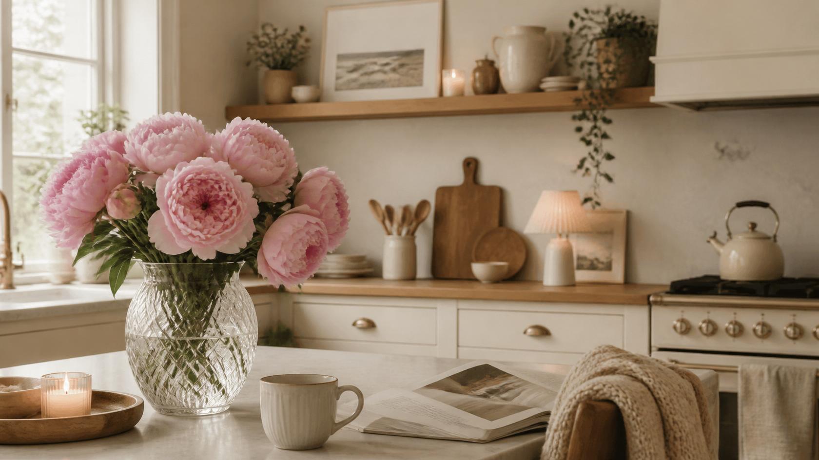 A homey kitchen setting with a vase of pink peonies for the blog post"How to Find the Lord's Rest".